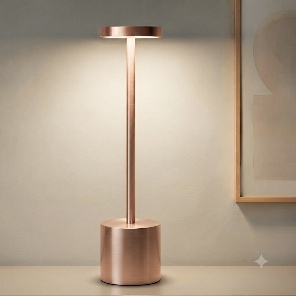 A modern slim table lamp with a cylindrical base and a circular flat top, finished in a brushed rose gold metal, shown illuminated against a warm neutral wall.